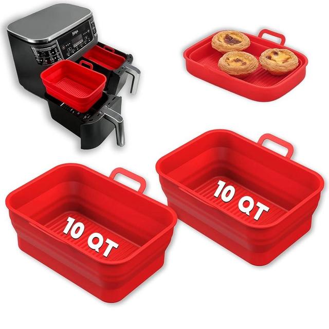 Vangerute Collapsible 2-Pack Air Fryer Silicone Liners for 10QT NINJA Foodi Dual, Rectangular Air Fryer Silicone Pot, Reusable Silicone Air Fryer Basket for Air Fryer Accessories (Red)