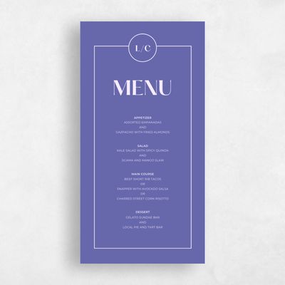 Periwinkle, Purple Wedding Menu - Brevard