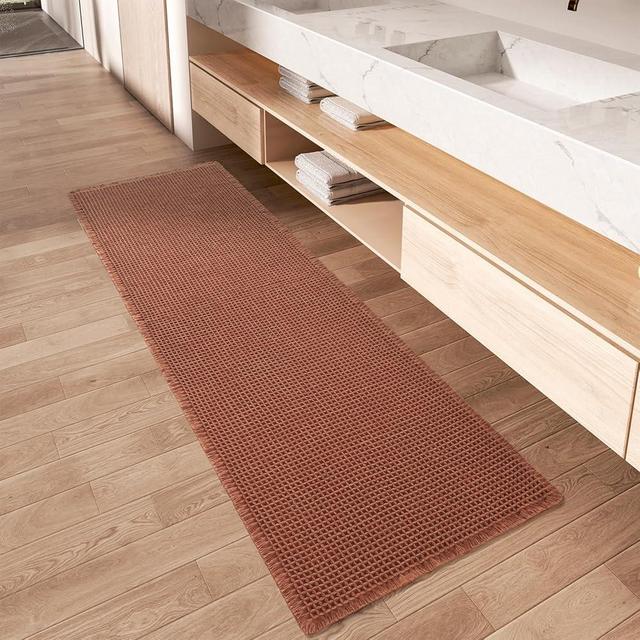 Upgraded Waffle Runner Rug Super Absorbent Non Slip Bath Mats for Bathroom Machine Washable Bathroom Runner Rug with Tassels, Ideal for Hallway Bedroom Laundry Room, Dirty Orange, 2'x 4'(24" x 48")