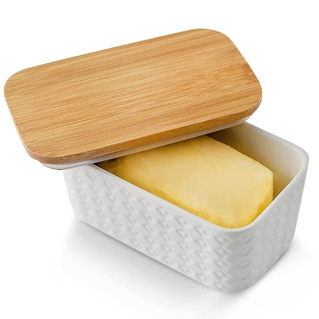 Hasense Large Butter Dish with Lid for Countertop - Modern Ceramic Butter Container Holder with Cover for Fridge,Silicone Sealing,White Embossed Pattern,Holds Two Sticks of Butter
