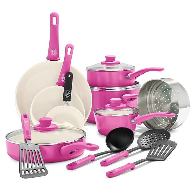 GreenLife Soft Grip Healthy Ceramic Nonstick, 16 Piece Cookware Pots and Pans Set, PFAS-Free, Dishwasher Safe, Bright Pink