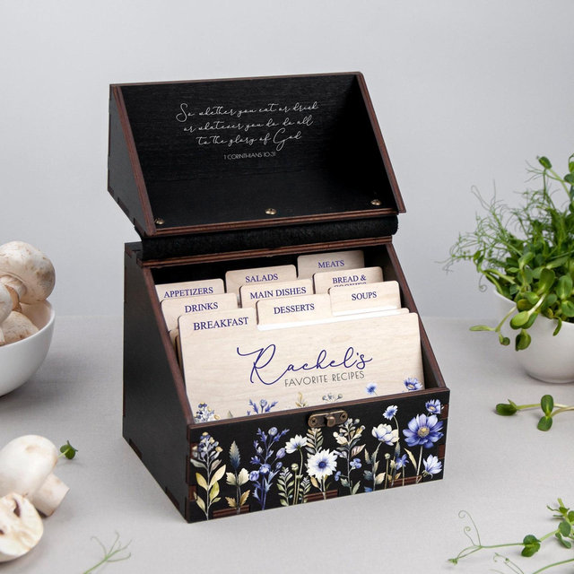 Wooden Recipe Box Personalized Blue Wildflowers Recipe Storage Box Bridal Shower Gift Custom Recipe Card Box Christmas Gift for Mom Wife Her