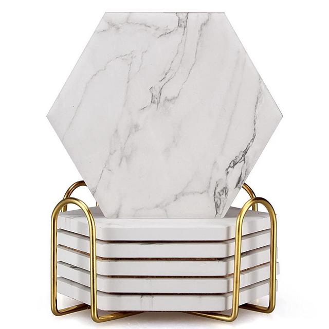 Hexagon Marble Coasters with Holder Absorbent Coaster Set of Modern Drink Coasters White Ceramic Coasters Coffee Table Coastes