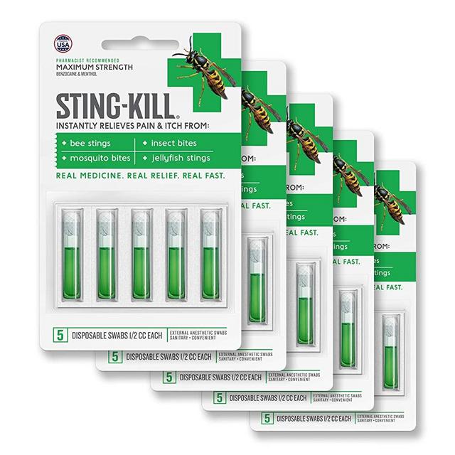 Sting-Kill First Aid Anesthetic Swabs, Instant Pain + Itch Relief From Bee Stings and Bug Bites, 5-count (pack of 5)