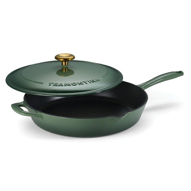 Tramontina Enameled Cast Iron Skillet with Lid, 12-inch Frying Pan, Cactus with Gold Knob