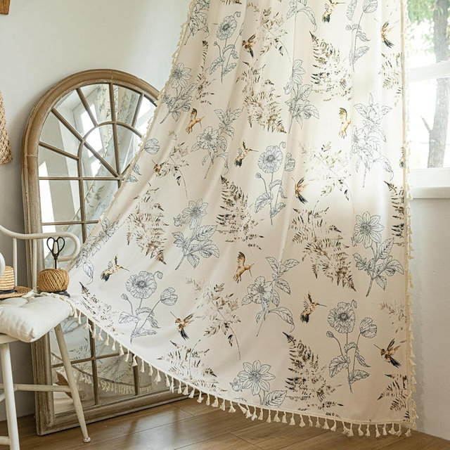 WKBEC Bird Floral Curtains 84 Inch Length 2 Panels, Light Filtering Farmhouse Window Curtains, Vintage Botanical Drapes with Tassel Trim for Living Room Bedroom, Rod Pocket, Beige