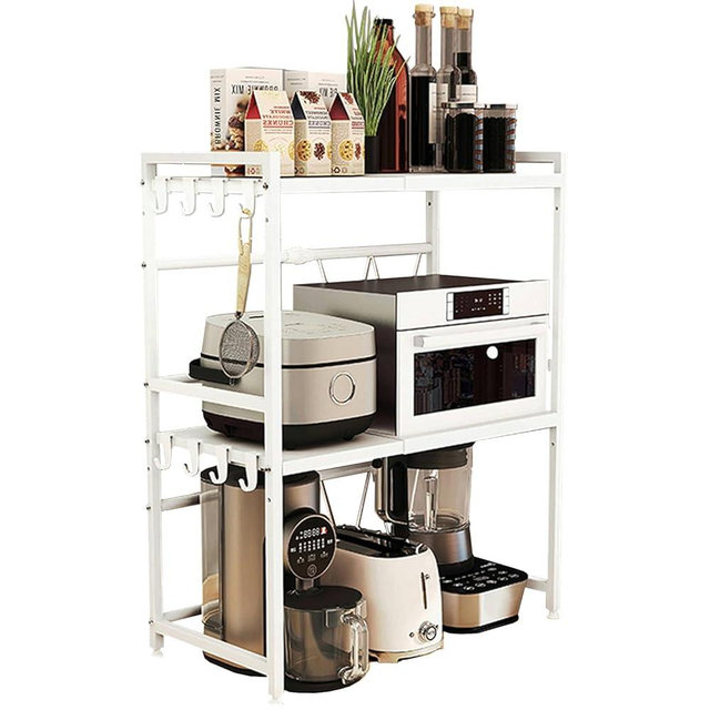 loyalKBS Expandable Microwave Stand Countertop, 3 Tier Heavy Duty Over Microwave Shelf Countertop with 8 Hooks,Height Adjustable Carbon Steel Microwave Oven Rack Shelf for Kitchen,Holds 132lb,White