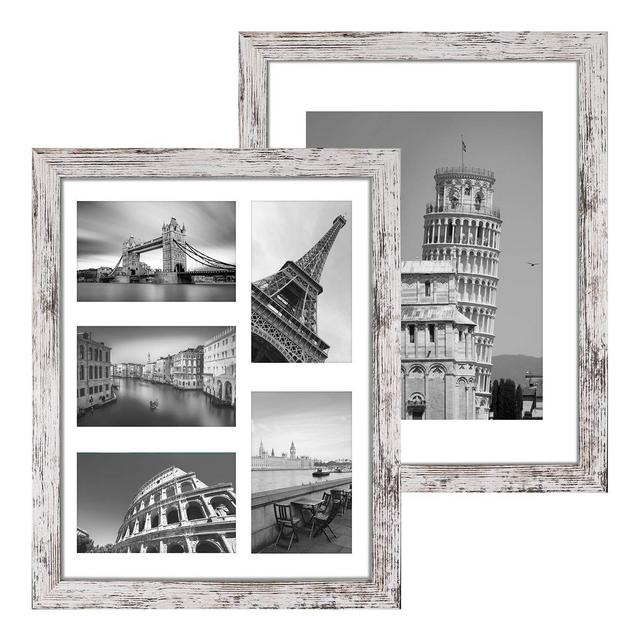 Q.Hou 11x14 Picture Frames Wood Patten Distressed White Set of 2, Each Frame with 2 Mats,Display 8x10 or Five 4x6 Photos with Mat 11x14 Picture Without Mat for Wall Mount (QH-PF11X14-RW)