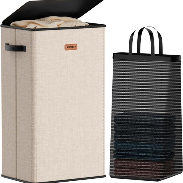 Vexalora 100L Laundry Hamper with Lid, Large Clothes Hampers with Removable Bag, Collapsible Laundry Basket for Bathroom, Bedroom, Laundry Room, Dorm, Beige