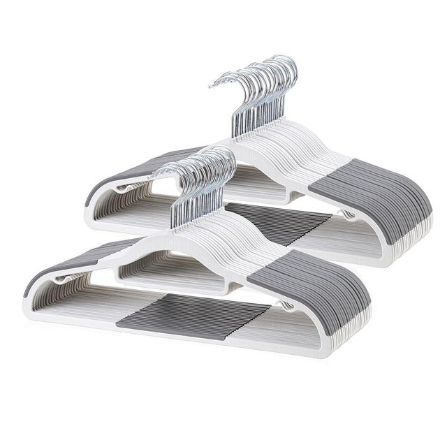 NCXTKJ 50 Pack Non-Slip Plastic Hangers with Tie Rack, Slim Space-Saving Clothes Hangers – Heavy Duty Plastic Hangers for Suit, Shirts, Pants, Dorms & Home Organization, White and Dark Gray