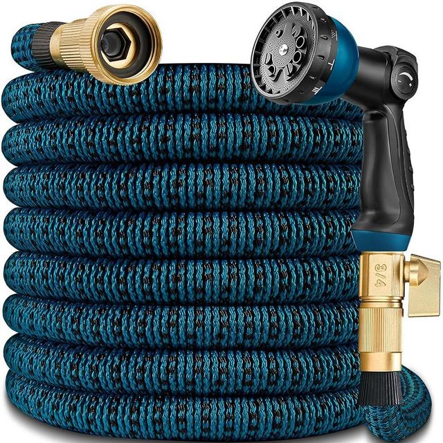 Expandable Garden Hose 75 ft – 2025 New Flexible Garden Hose with 10-Function Spray Gun, Pure Brass 3/4” Fittings – Lightweight, Durable, and Kink-Free, 75ft Water Hoses for Gardening(Blue Black)