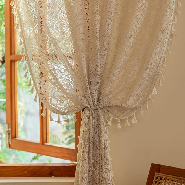 YJ YANJUN Boho Lace Curtains 96 inches Long 2 Panels- Vintage Floral Crochet Sheer Panels with Tassel for Living Room Bedroom Light Filtering Cottagecore Bohemian Farmhouse Drapes Beige W59 x L96