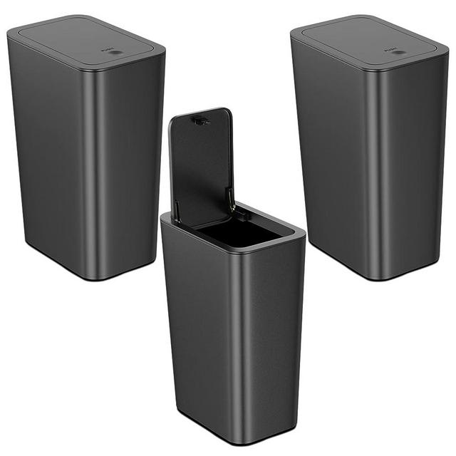 NetDot Bathroom Trash Can with Lid 3 Pack Set, 2 Packs 3.4 Gal 13L Slim Kitchen Trash Can and 1 Pack 2.6Gal 10L Garbage Can, Small Trash Can/Trash Bin/Waste Basket for Bedroom (Black, Pack of 3)
