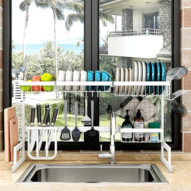 Dish Drying Rack Over the Sink, 2 Tier Adjustable (24"-40") Stainless Steel Dish Drainer for Kitchen Storage Counter Organization, Over Sink Space Save Shelf (24≤Sink Size≤40inch, white)