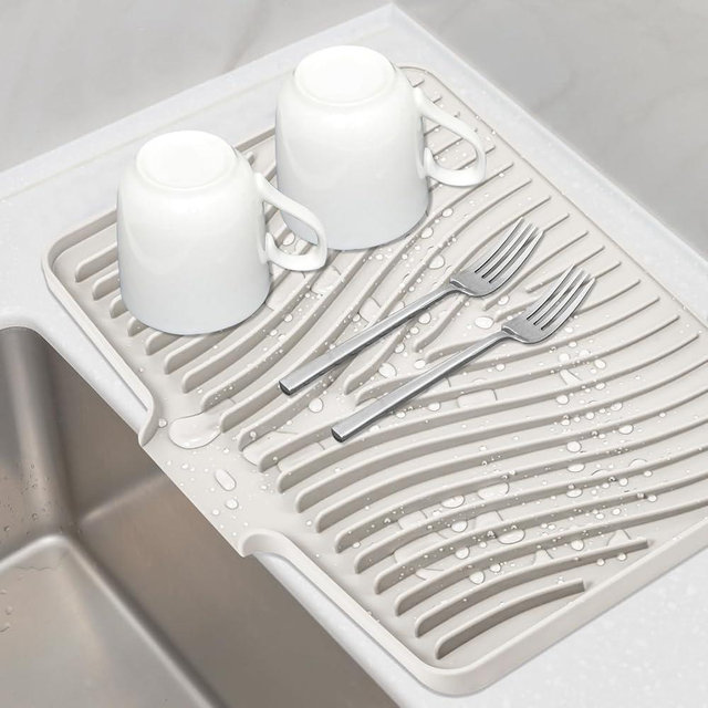 TIKNIK Silicone Dish Drying Mat, Stone Drying Mat for Kitchen Counter with Built-In Drain, Non-Slip Drain Pad with Built-in Drain, Heat Resistant Stone Drying Mat, Hangable, Cream-1pcs, 16" x 12"