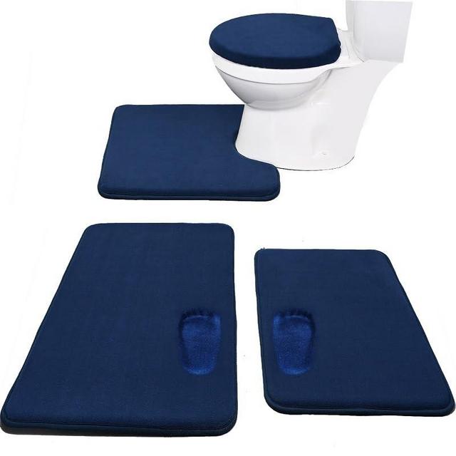 Madeals Memory Foam Bath Mat Set 4 Piece with Toilet Lid Cover and Rug Set Combo, Bath Mat Set 3 Piece and U-Shaped Toilet Floor Rug Navy Blue