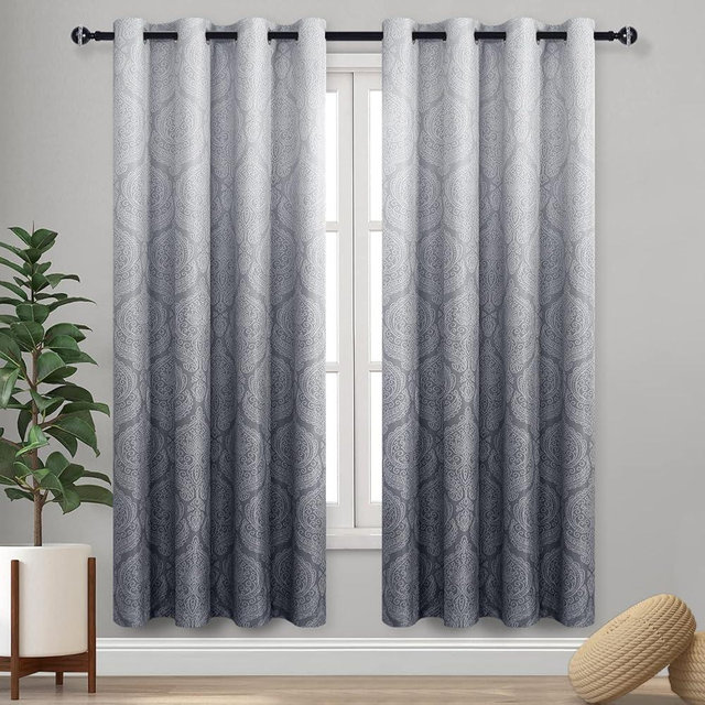 DWCN Ombre Blackout Curtains for Bedroom - Damask Patterned Thermal Insulated Energy Saving Grommet Curtains for Living Room, Set of 2 Gradient Window Curtain Panels, 52 x 72 Inches Long, Grey