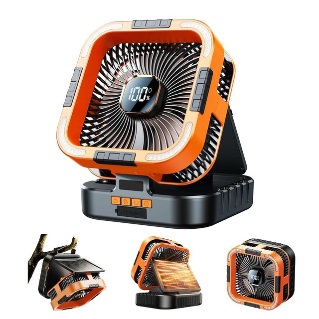KIMMOO Solar Camping Fan with Light-10000mAh Rechargeable Portable, 6 Speeds, Digital Display, Timer, 120° Oscillation, Cordless Battery Powered Fan for Home Outdoor Tent Travel BBQ Fishing (Orange)
