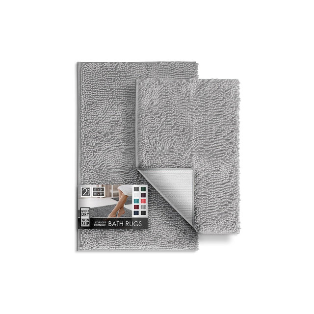 Hearth & Harbor Bathroom Rugs, 2 Piece Chenille Bath Mat Set - Light Gray Bath Rug, 17x24-20x32