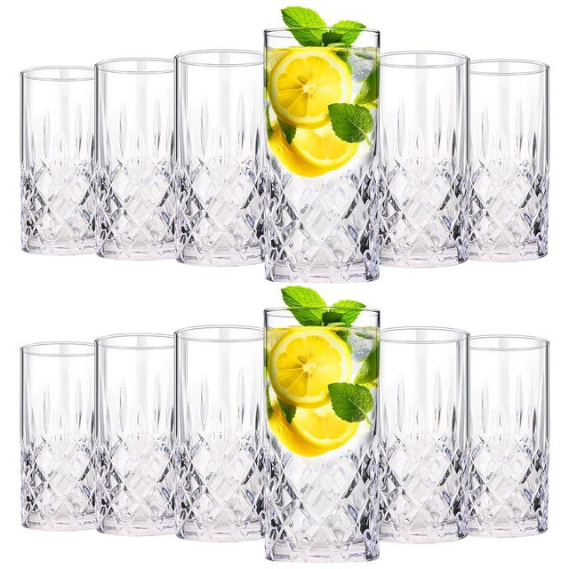 Uiifan Set of 12 Tall Highball Glasses 12 oz Crystal Drinking Glasses Clear Fancy Cups Vintage Textured Designer Glassware for Cocktail Tea Water Beer Soda Beverages, Dishwasher Safe (Classic Style)