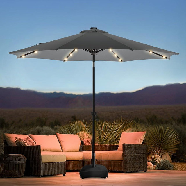 wikiwiki 9FT Solar Led Patio Umbrella with Base Included, 32 LED Lights, 8 Sturdy Ribs, Fade Resistant Waterproof POLYESTER DTY Canopy for Garden, Lawn, Deck, Backyard & Pool, Dark Gray
