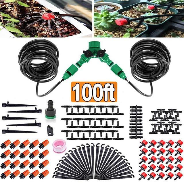 FAMI HELPER 100ft/30M Garden Irrigation Kit - DIY Plant Watering Drip Sprinkler System with 2-Way Hose Splitter, 1/4" Tubing Hose, 45Pcs Adjustable Emitters for Greenhouse