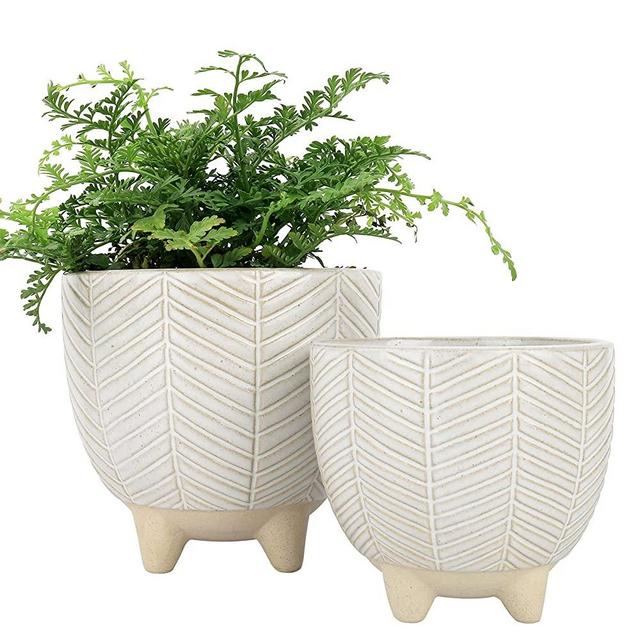 Ceramic Footed Flower Plant Pots - 5.7 + 4.6 Inch Boho Decor Indoor Planters with Drainage, Home Decor Gift, Beige