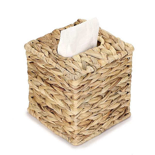 Sumnacon Square Woven Tissue Box Cover - Decorative Napkin Holder Pumping Paper Case Dispenser, Natural Water Hyacinth Wicker Facial Box for Home Office Decor