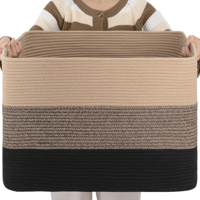 OIAHOMY 108L Large Cotton Rope Basket, Rectangle Woven Baskets for Storage, Nursery Blanket Basket Living Room, Toy Basket With Handle, Baskets for Organizing-25”x16”x16”-Yellow Black