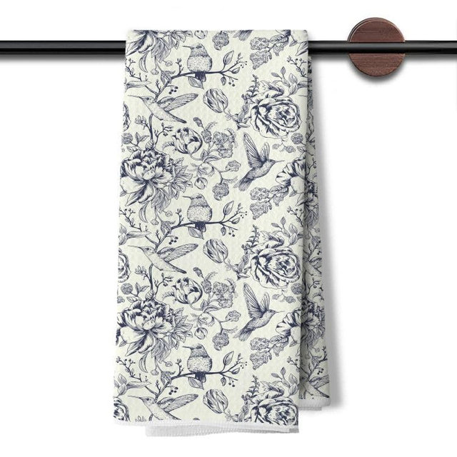DAYOUER Vintage Floral Bird Hummingbird Toile Kitchen Dish Towels, Hummingbird Gifts, Navy Blue and White Chinoiserie Bird Botanical Decorative Hand Tea Towels for Bathroom Kitchen, 16x24 Inches