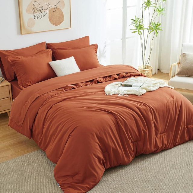 CozyLux Queen Comforter Set - Burnt Orange, 7PC Boho Bed Set with Comforter, Fitted Sheet, Flat Sheet, Pillow Shams and Pillowcases