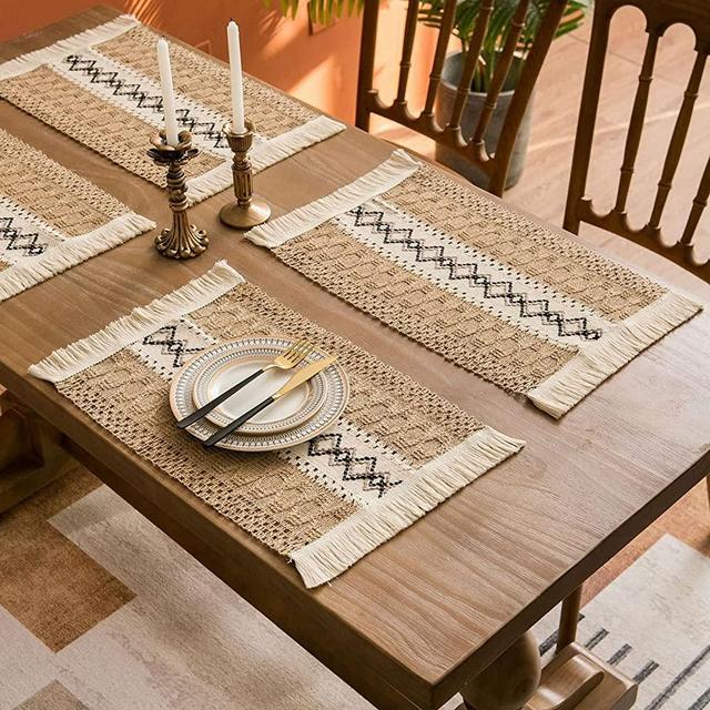 Whaline Boho Folkulture Woven Placemats with Tassels Set of 4 Winter Modern Dinner Place Mats, 11.8"x19.6", Farmhouse Braided Beige Linen Table Mats for Rustic Home Kitchen Table Decor
