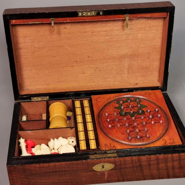 Antique Victorian mahogany games box, compendium, Chess, dice