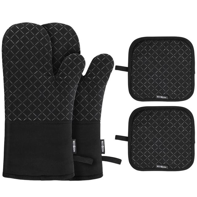 1 Set of Oven Mitt Heat Resistant Pot Holder Pad Protective Oven Gloves (Black)