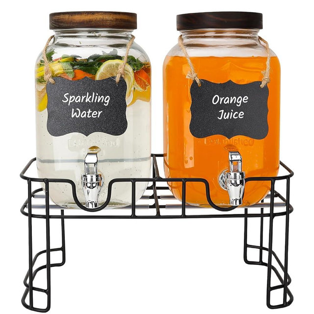 Waymind 1 Gallon Glass Drink Dispensers with Wood Lid, 2 Pack Clear Beverage Dispenser with Stand and Spigot for Parties, Lemonade Dispenser with Markers and Chalkboard for BBQ, Picnic