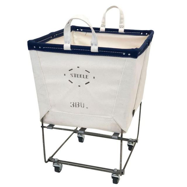 Small Elevated Canvas Basket with Wheels, Natural/Navy