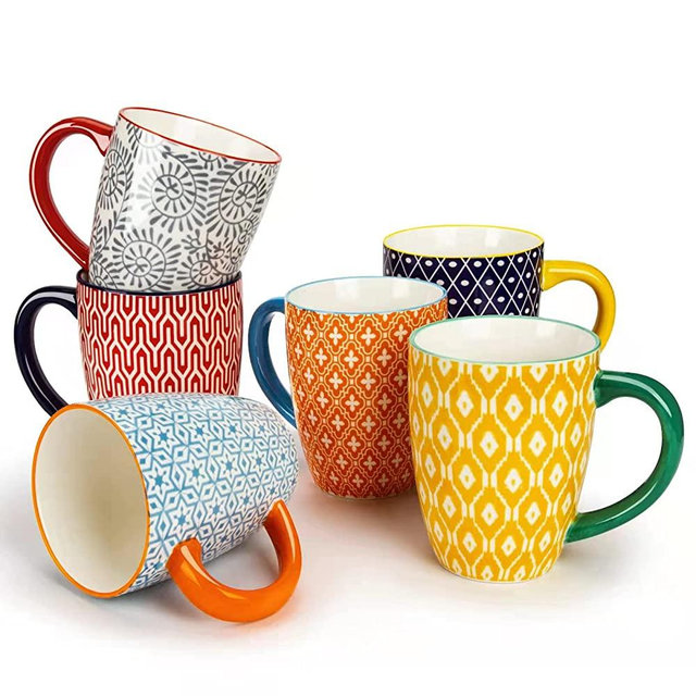 KitchenTour Ceramic Coffee Mug Set of 6 - Restaurant Mugs 13oz -pack 6 - Cup set for Coffee, Tea, Cappuccino, Cocoa - Bohemia