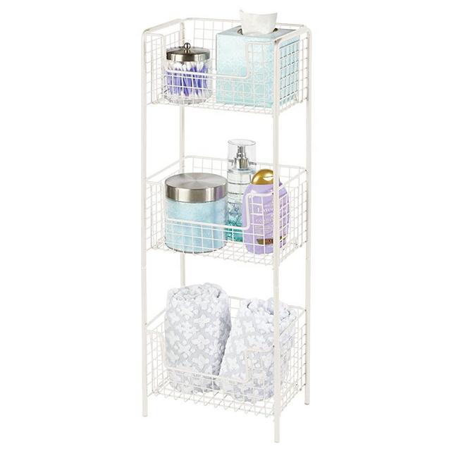 mDesign 3 Tier Vertical Standing Bathroom Shelving Unit, Decorative Metal Storage Organizer Tower Rack Center with 3 Basket Bins to Hold and Organize Bath Towels, Hand Soap, Toiletries - Cream/Beige