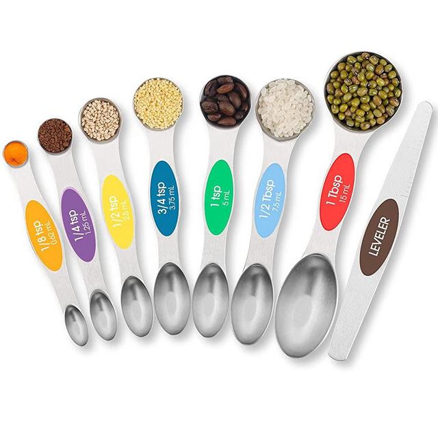 TEMEISI Magnetic Measuring Spoons Set, Dual Sided Stainless Steel Measuring Spoons Fits in Spice Jars, Stackable Teaspoon for Measuring Dry and Liquid Ingredients - Set of 8