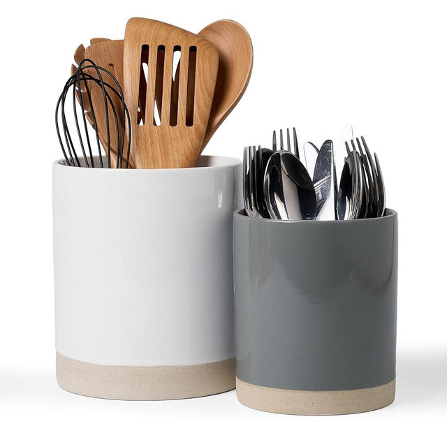 famiware Milkyway Kitchen Utensil Holder for Countertop, Ceramic Cooking Utensil Crocks for Kitchen Counter, Utensil Organizer for Spatula & Spoon, Set of 2, White and Dark Gray