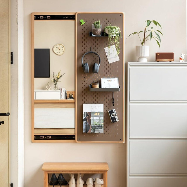 Wayshome 47″x33″ Full Length Mirror with Storage, Solid Beech Wood Wall Mirror, Multifunctional Design Panel Moveable Door Hanging Mirror for Bedroom, Livingroom, Cloakroom, NO Hooks, NO Storage shelf
