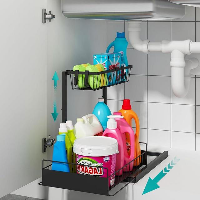bukfen Under Sink Organizer,Height Adjustable Pull Out Cabinet Organizer 2-Tier Slide Out Sliding Shelf Under Cabinet Storage Multi-Use for Under Kitchen Bathroom Sink Organizers and Storage,1 Pack