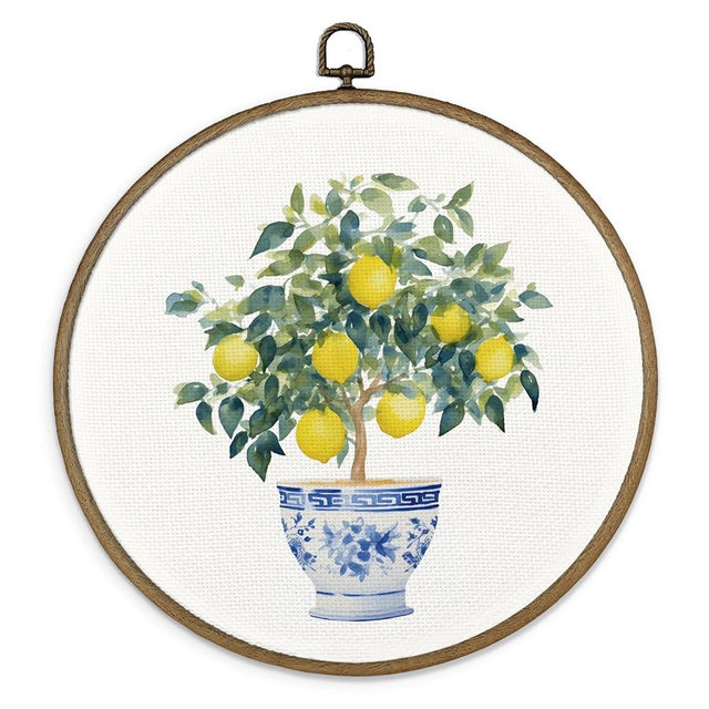 MAQIKA Lemon Framed Wall Art Decor, Lemon Wall Decor, Lemon Kitchen Decor, Blue and White Round Wall Hanging Decor, lemon Canvas Prints Wall Art for Farmhouse Kicthen Living Room, 10x10 Inch