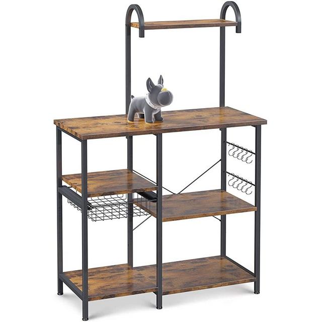 ODK Kitchen Bakers Rack Utility Storage Shelf Microwave Oven Stand 3-Tier+4-Tier Table with 10 S-Shape Hooks for Spice Rack Organizer Workstation Metal Frame, Vintage Brown