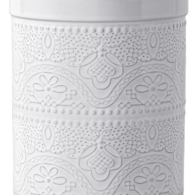 FUN ELEMENTS Kitchen Utensil Holder, 7.2" Super Large Utensil Crock Heavy and Stable Lace Emboss Ceramic Utensil Holder for Countertop (Bright White)