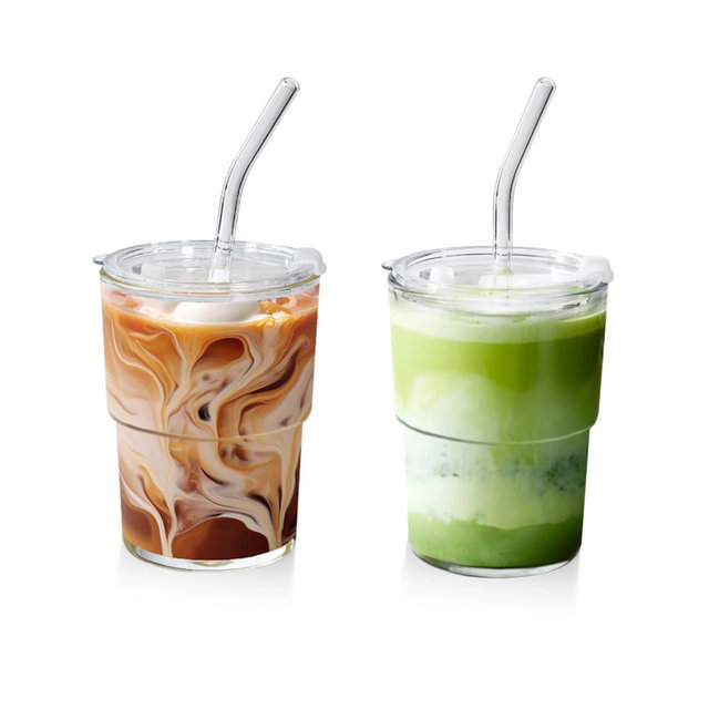 Icesip 15 oz Matcha Cup Set of 2, Iced Coffee Tumbler Water Glass with Straw and Lid, Clear Thick Wall Matcha Iced Coffee Glass To Go for Smoothie Tea Soda Juice