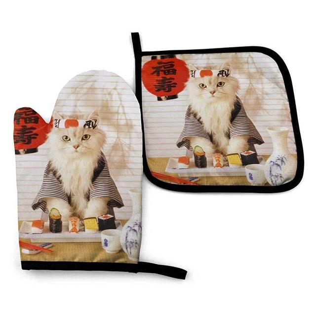 RENGMIAN Sushi Cat Japanese Cute Funny Kitten Oven Mitts and Pot Holders Heat Resistant Oven Gloves Safe Cooking Baking Grilling