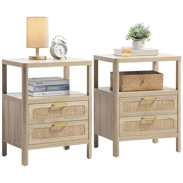 SHEEPPING Rattan Nightstands Set of 2 - Bedside Tables with 2 PE Rattan Drawers, Boho Night Stand with Open Wood Shelf, Farmhouse Bed Side Table/End Table for Bedroom Living Room, Natural, 25.5" H