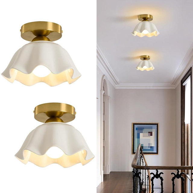 Glaze Ceramic Semi Flush Mount Ceiling Light - 2 Pack, Vintage Gold Hallway Light Fixtures, Flower White Globe Ceiling Lights, Mid Century Small Light Fixture for Cottage Entryway Laundry Room Foyer