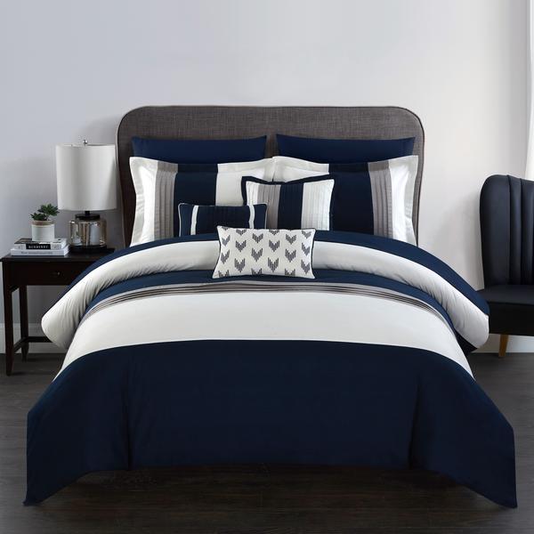 Chic Home Ayelet 10 Piece Comforter Set Color Block Ruffled Bed in a Bag Navy